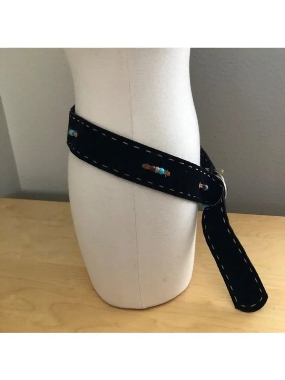 Hand Crafted Beaded Suede Leather Belt O/S Black Silver Festival Coastal Cowgirl